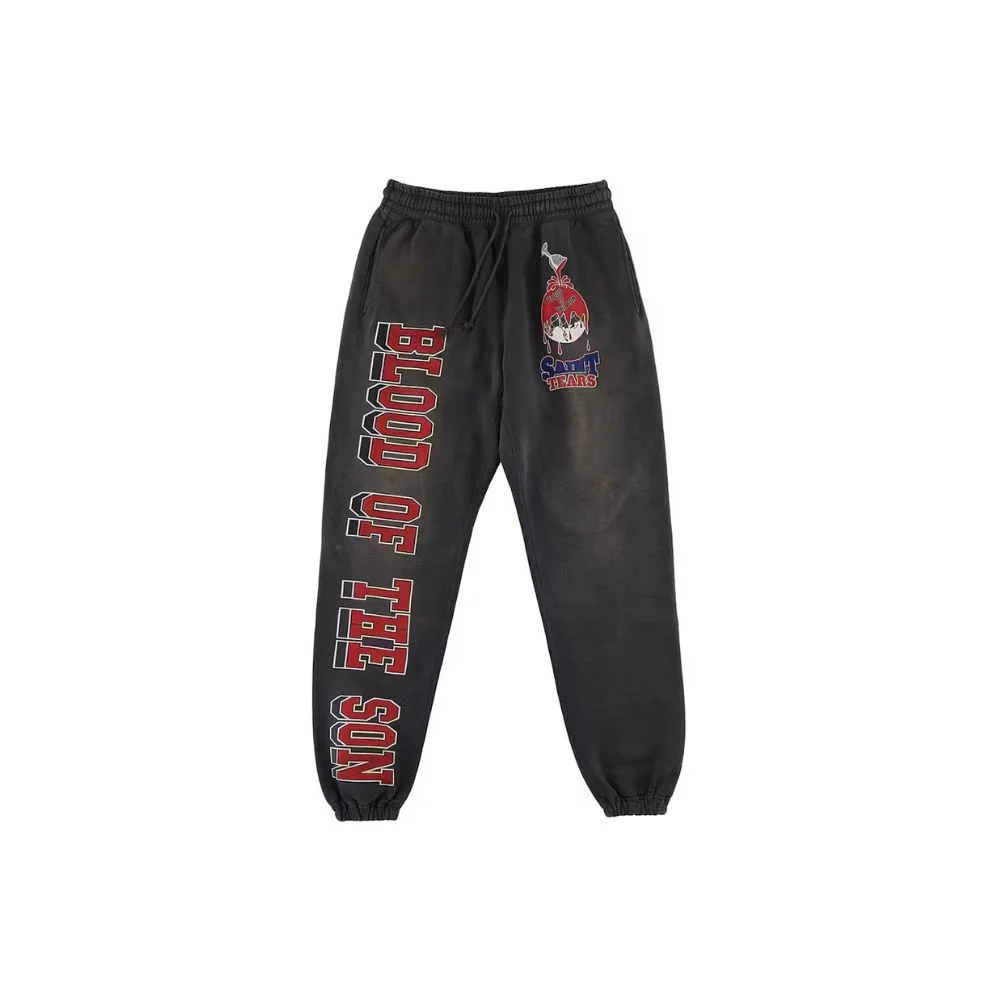 Front view of Saint Mxxxxxx x Denim Tears Holy Grail Sweatpants Vintage Black